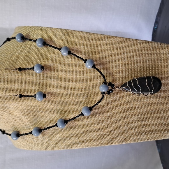 Artisan Jewelry - Hand Crafted Black & Denim Blue Beaded Necklace and Earring set